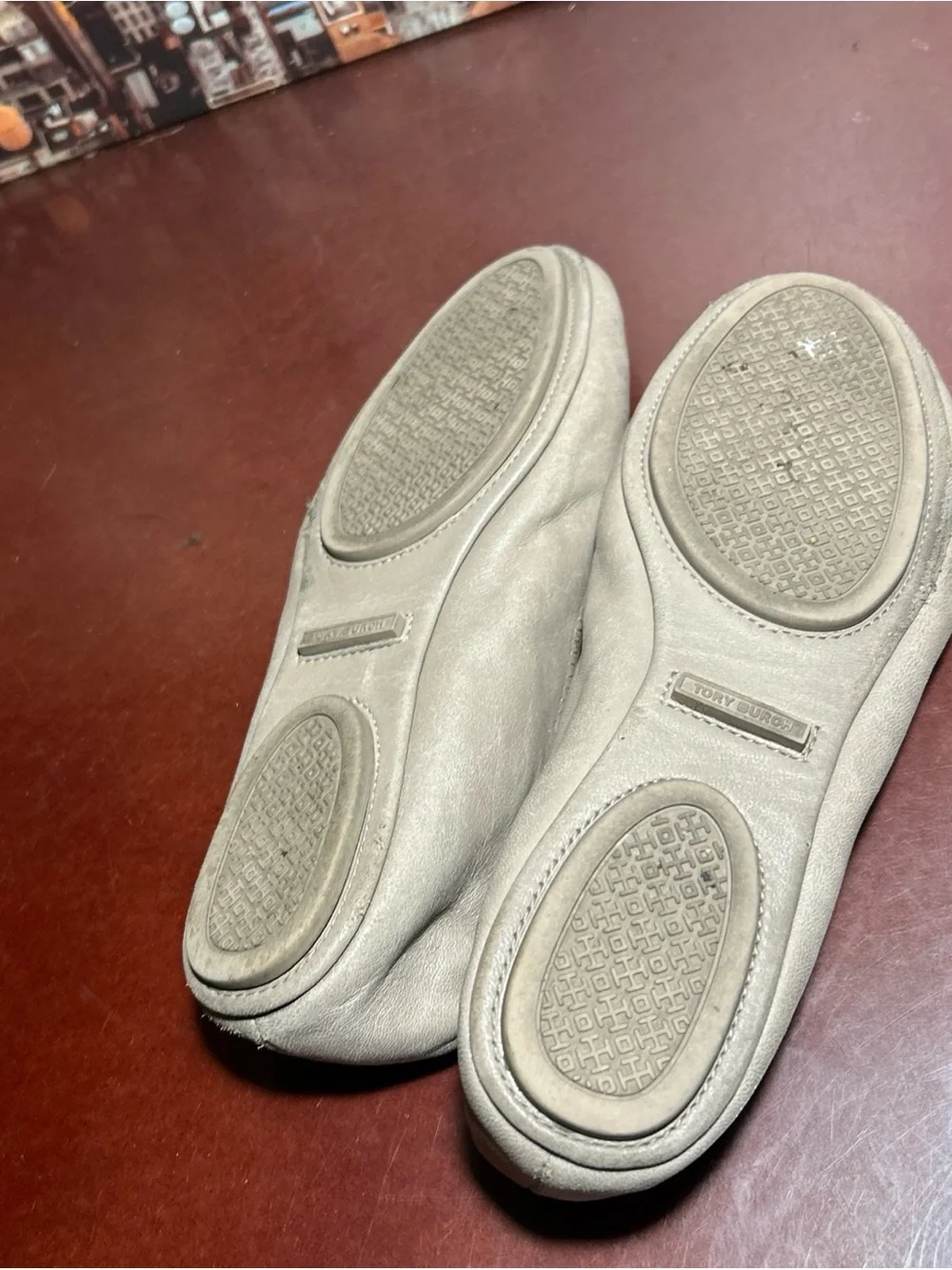 Tory Burch Neutral Taupe Logo Ballet Flats